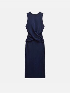 Zara Navy Blue Draped Twist Front Midi Dress NWT Size S